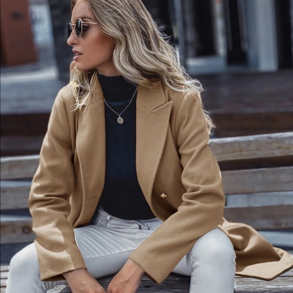 Notched Collar Buttoned Peacoat Jacket Camel - image 2